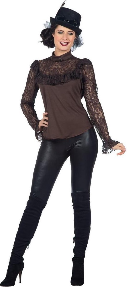 Piraat & Viking Kostuum | Sexy Kanten Blouse Bruin Vrouw | Maat 44 | Halloween | Verkleedkleding